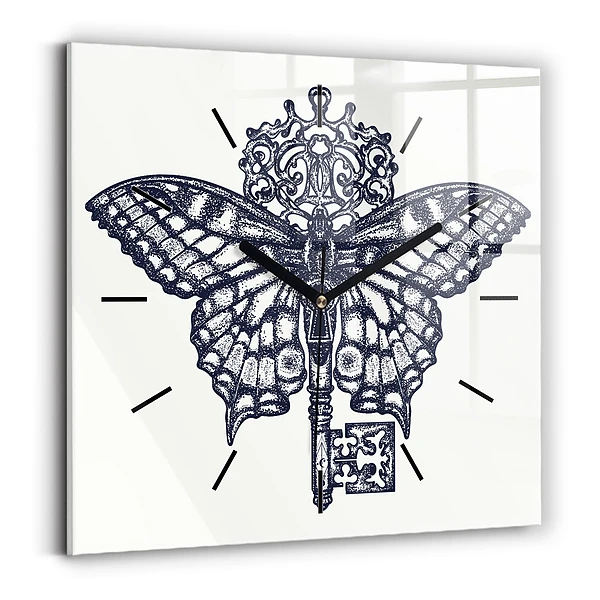 Wanduhr modern quadratisch Schmetterling und Schlüssel - Boho-Stil