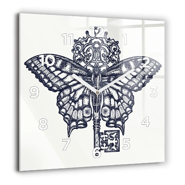 Wanduhr modern quadratisch Schmetterling und Schlüssel - Boho-Stil