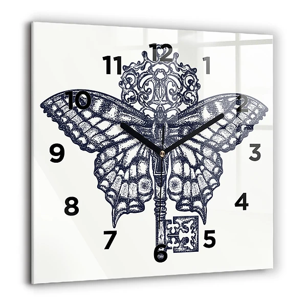 Wanduhr modern quadratisch Schmetterling und Schlüssel - Boho-Stil