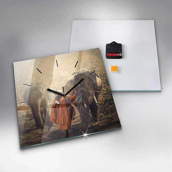 Wanduhr quadratisch Mönch führt Elefanten