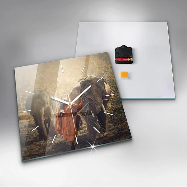 Wanduhr quadratisch Mönch führt Elefanten