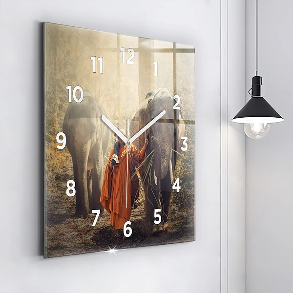 Wanduhr quadratisch Mönch führt Elefanten
