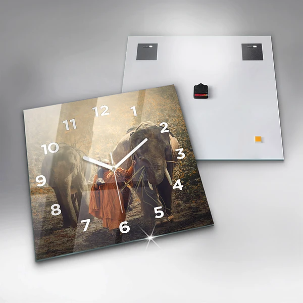 Wanduhr quadratisch Mönch führt Elefanten