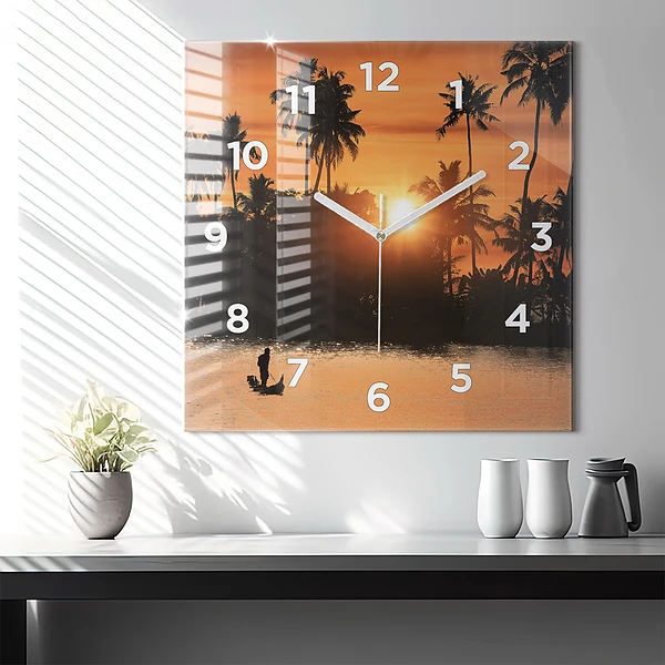 Wanduhr quadratisch mit motiv Sonnenuntergang Palmen Urlaub