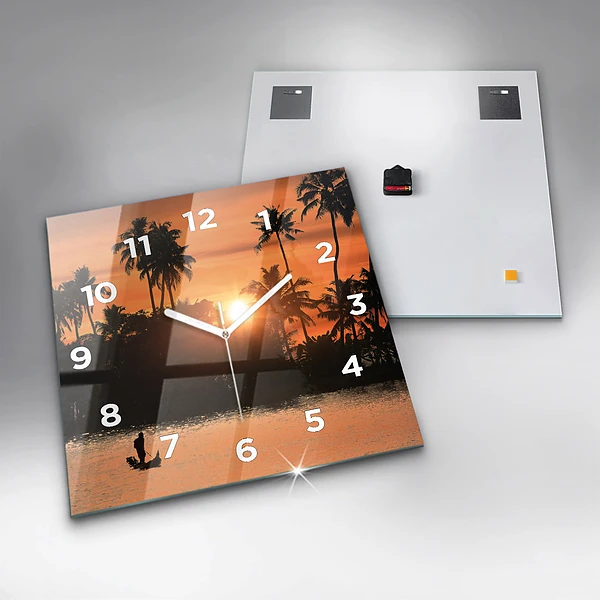 Wanduhr quadratisch mit motiv Sonnenuntergang Palmen Urlaub