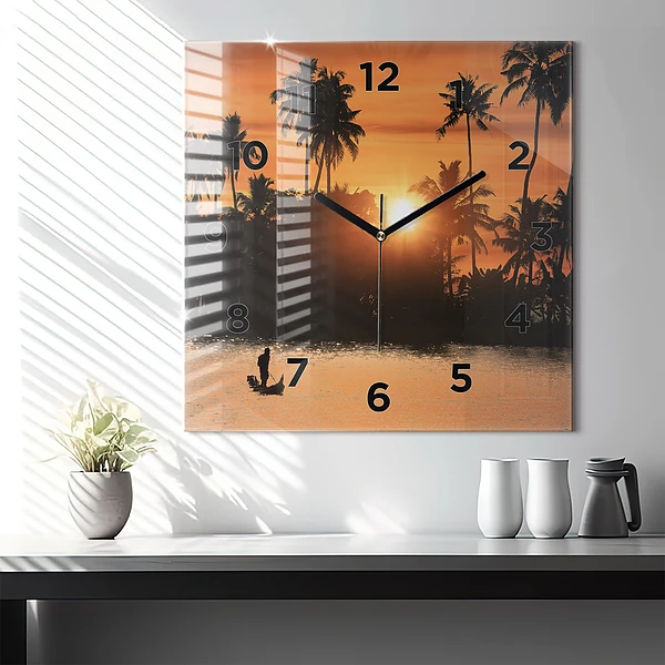 Wanduhr quadratisch mit motiv Sonnenuntergang Palmen Urlaub