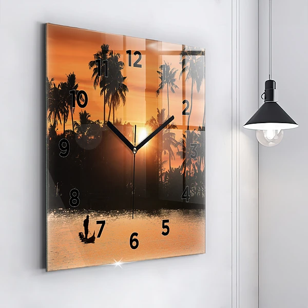 Wanduhr quadratisch mit motiv Sonnenuntergang Palmen Urlaub