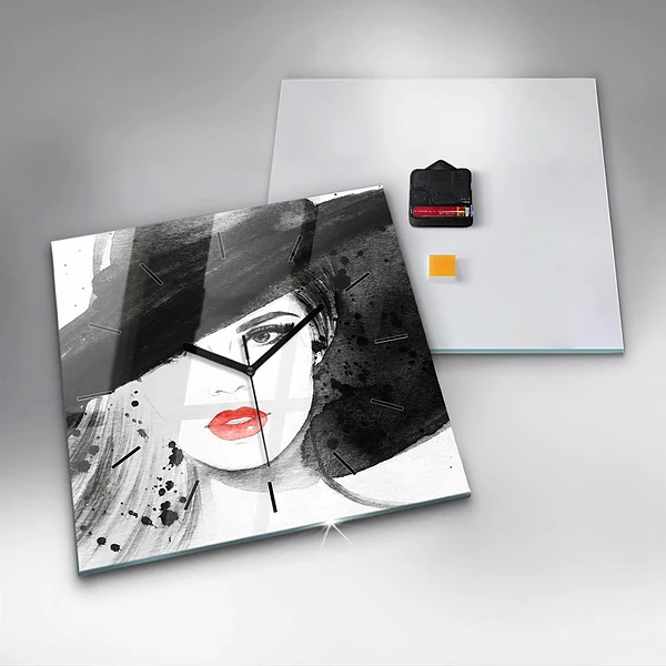 Wanduhr quadratisch mit motiv Frau mit Hut