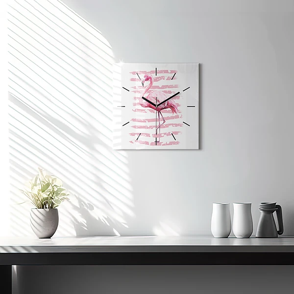 Wanduhr quadratisch Flamingo-Grafik