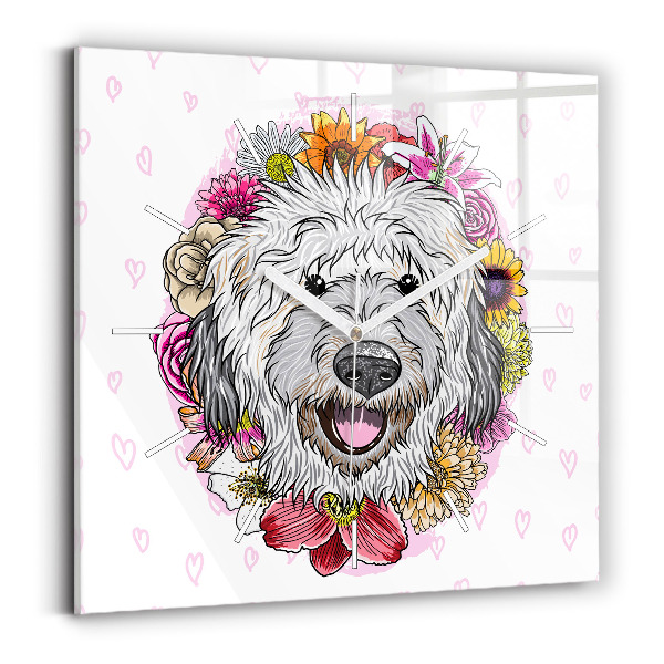 Wanduhr modern quadratisch Glücklicher Hund in Blumen