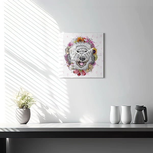Wanduhr modern quadratisch Glücklicher Hund in Blumen