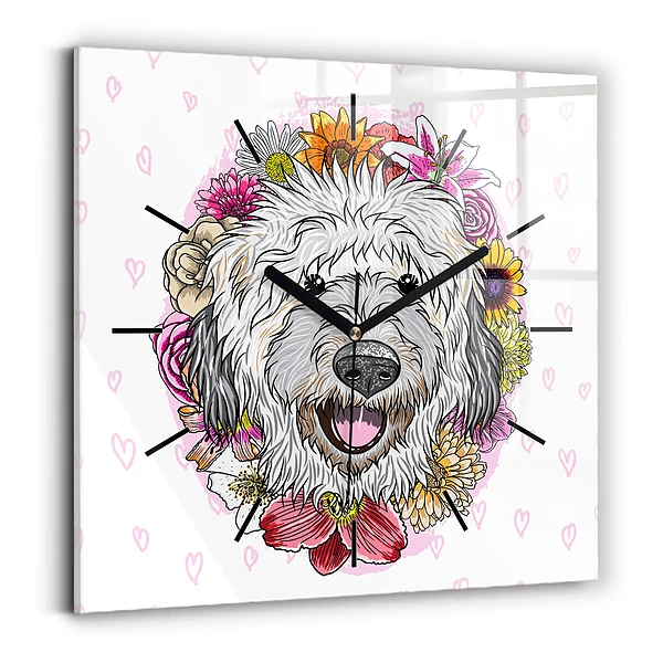 Wanduhr modern quadratisch Glücklicher Hund in Blumen