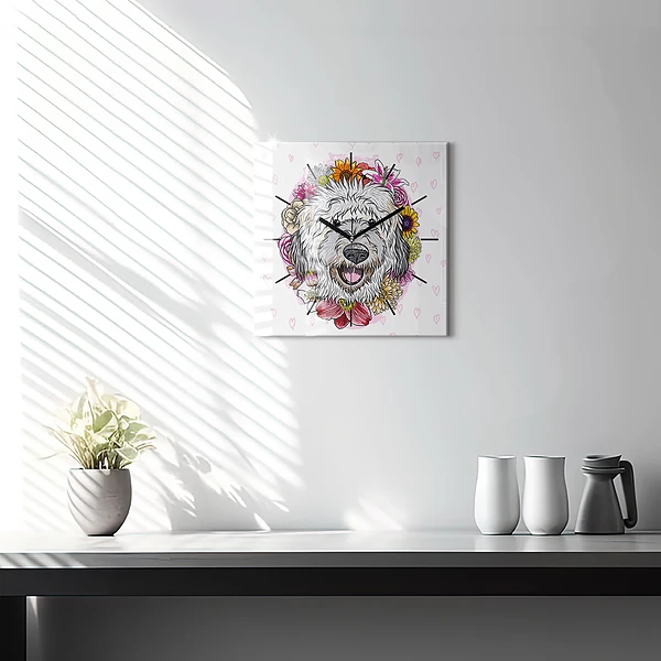 Wanduhr modern quadratisch Glücklicher Hund in Blumen