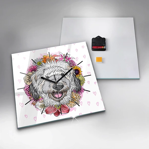 Wanduhr modern quadratisch Glücklicher Hund in Blumen