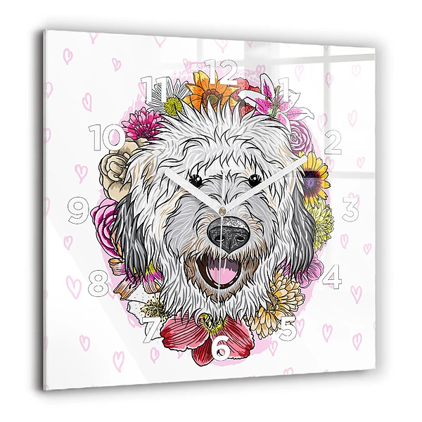 Wanduhr modern quadratisch Glücklicher Hund in Blumen
