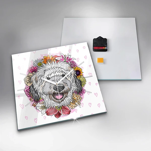 Wanduhr modern quadratisch Glücklicher Hund in Blumen