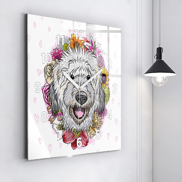 Wanduhr modern quadratisch Glücklicher Hund in Blumen