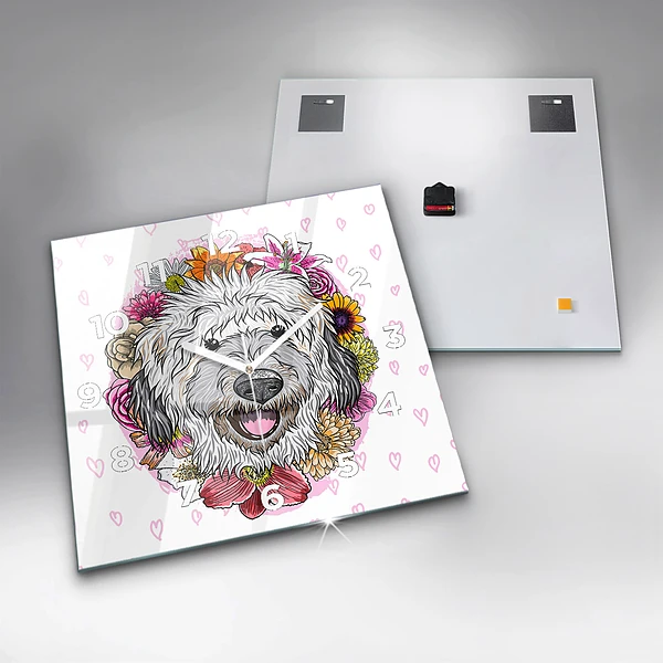 Wanduhr modern quadratisch Glücklicher Hund in Blumen