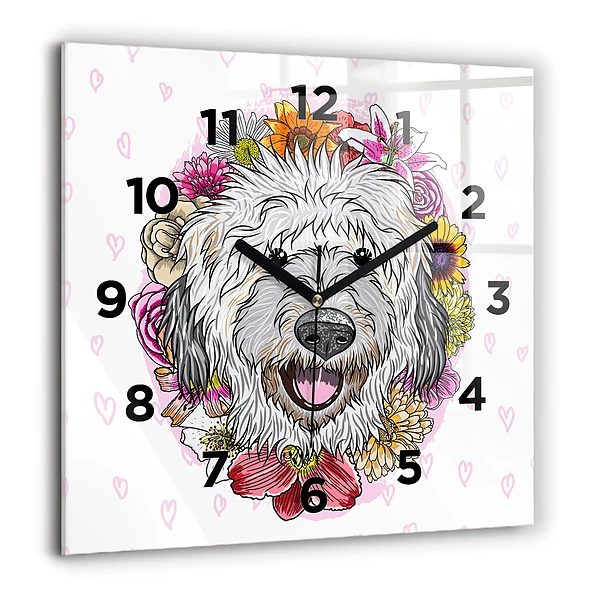 Wanduhr modern quadratisch Glücklicher Hund in Blumen
