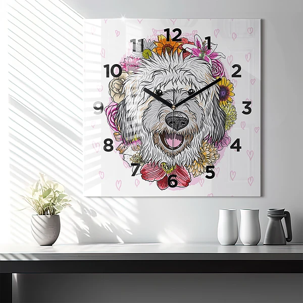 Wanduhr modern quadratisch Glücklicher Hund in Blumen