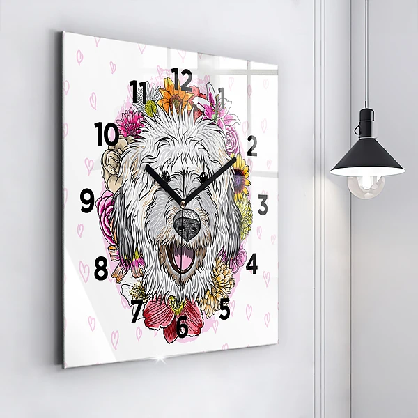 Wanduhr modern quadratisch Glücklicher Hund in Blumen