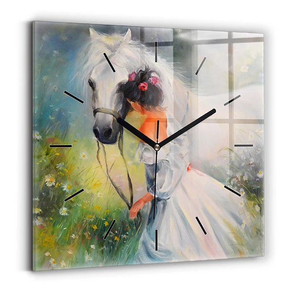 Wanduhr quadratisch mit motiv Schöne Frau mit Pferd