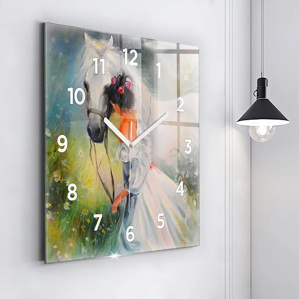 Wanduhr quadratisch mit motiv Schöne Frau mit Pferd
