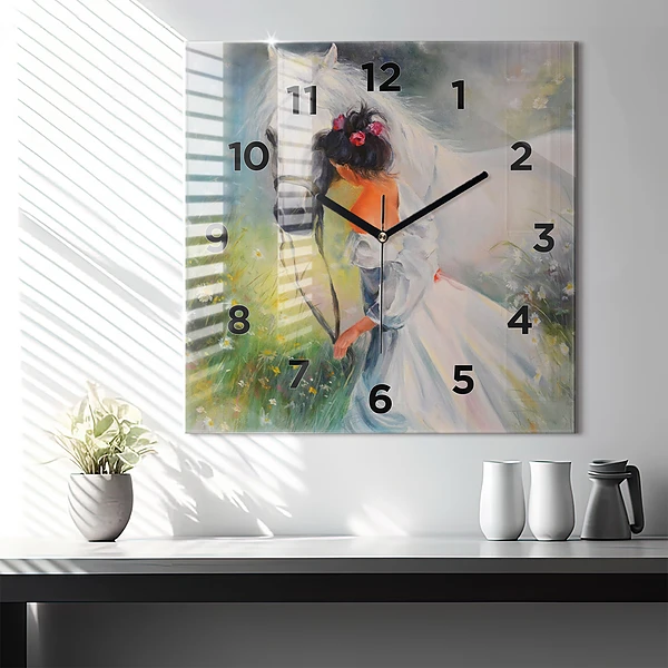 Wanduhr quadratisch mit motiv Schöne Frau mit Pferd