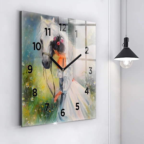 Wanduhr quadratisch mit motiv Schöne Frau mit Pferd