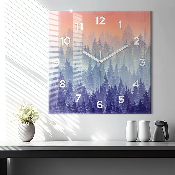 Wanduhr quadratisch Wald im Nebel