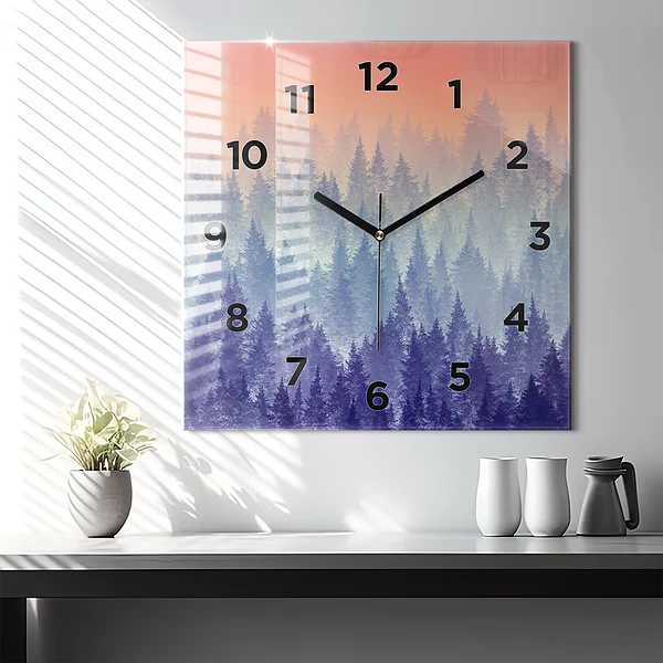 Wanduhr quadratisch Wald im Nebel