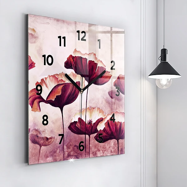 Wanduhr modern quadratisch Blumen Blühender Mohn