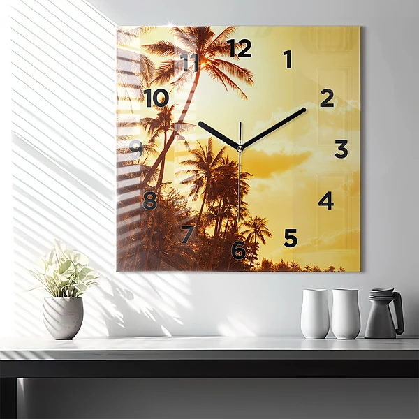 Wanduhr quadratisch mit motiv Sonnige Palmen