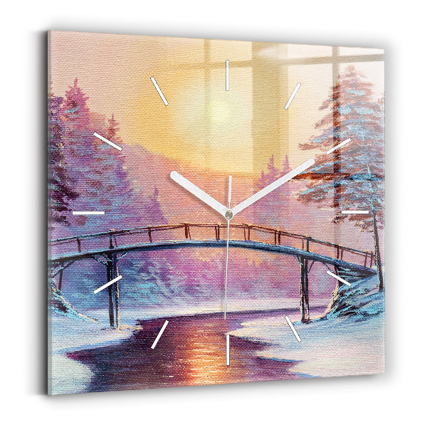 Wanduhr quadratisch mit motiv Weihnachtsbaum und Brücke