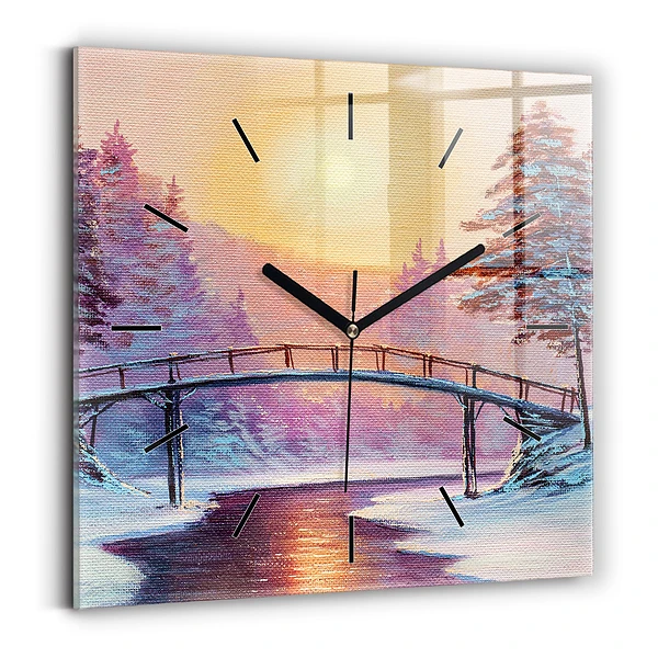 Wanduhr quadratisch mit motiv Weihnachtsbaum und Brücke