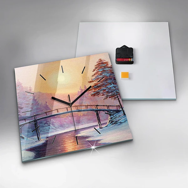 Wanduhr quadratisch mit motiv Weihnachtsbaum und Brücke