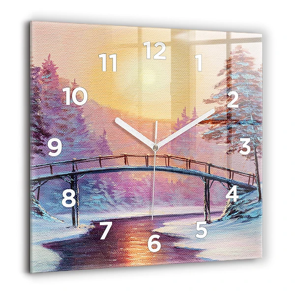 Wanduhr quadratisch mit motiv Weihnachtsbaum und Brücke