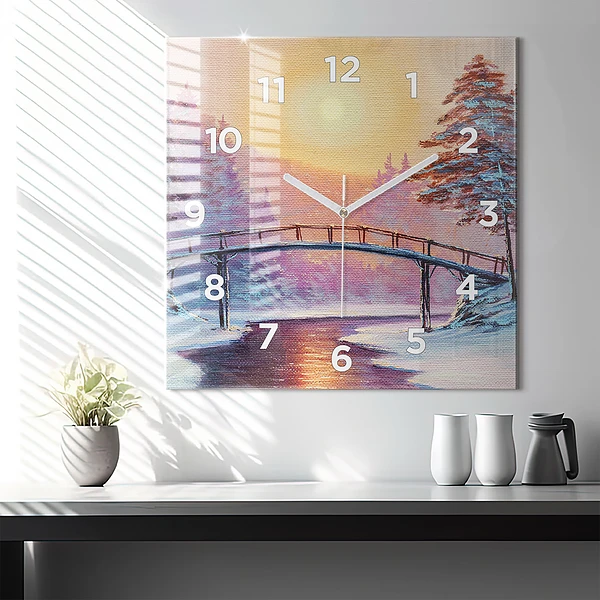 Wanduhr quadratisch mit motiv Weihnachtsbaum und Brücke