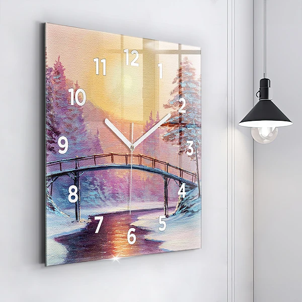 Wanduhr quadratisch mit motiv Weihnachtsbaum und Brücke