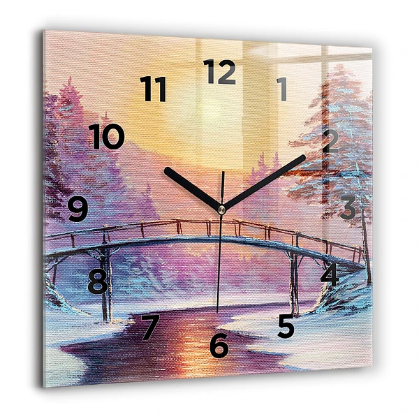Wanduhr quadratisch mit motiv Weihnachtsbaum und Brücke