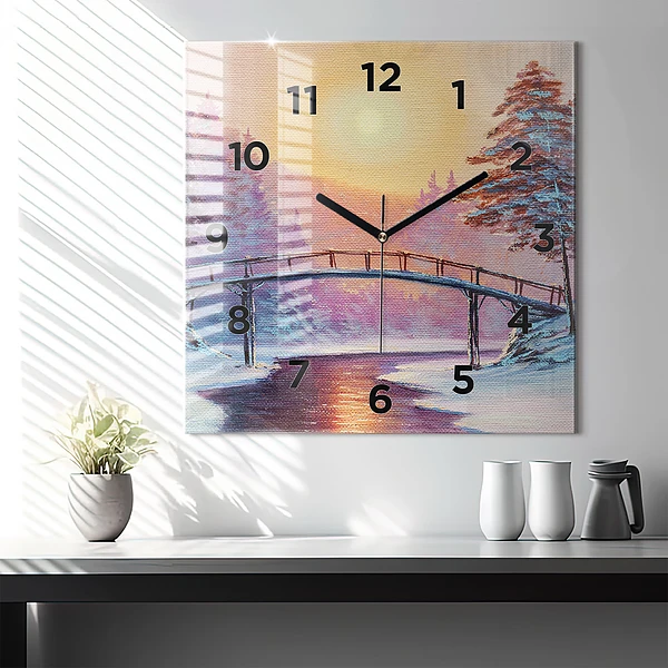 Wanduhr quadratisch mit motiv Weihnachtsbaum und Brücke