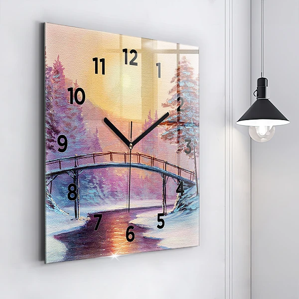 Wanduhr quadratisch mit motiv Weihnachtsbaum und Brücke