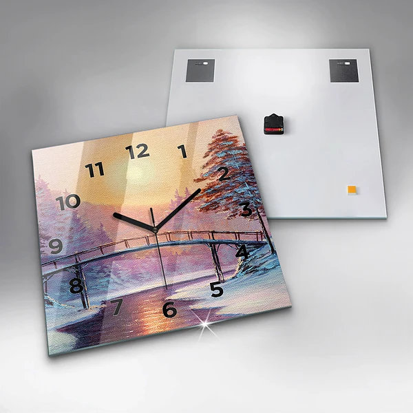 Wanduhr quadratisch mit motiv Weihnachtsbaum und Brücke