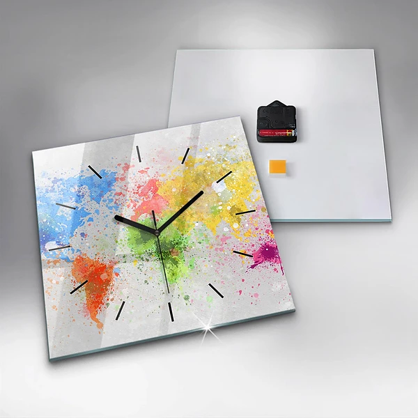 Wanduhr modern quadratisch Weltkarte auf Papier
