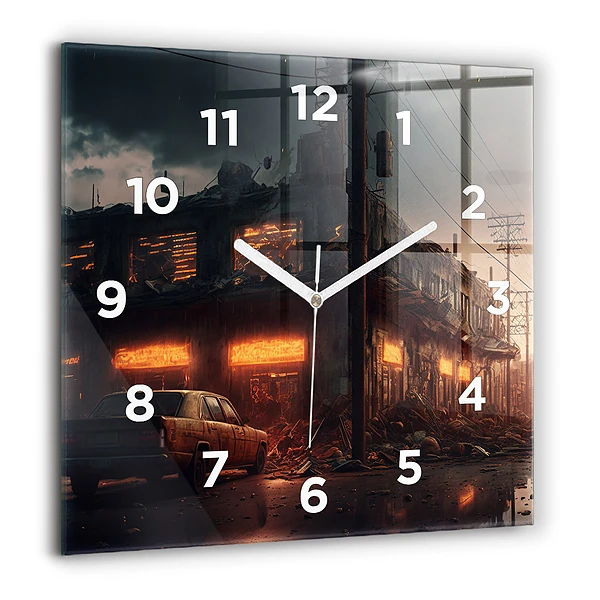 Wanduhr modern quadratisch Apokalyptisches Gebäude