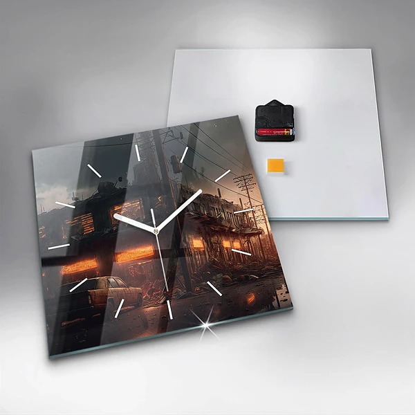Wanduhr modern quadratisch Apokalyptisches Gebäude