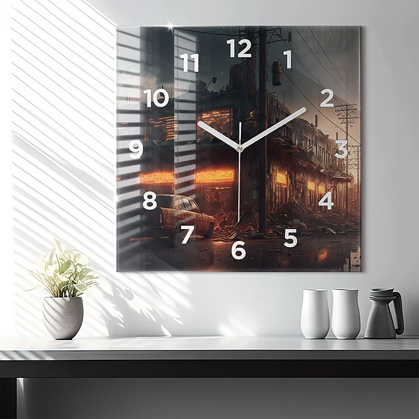Wanduhr modern quadratisch Apokalyptisches Gebäude