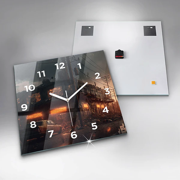 Wanduhr modern quadratisch Apokalyptisches Gebäude