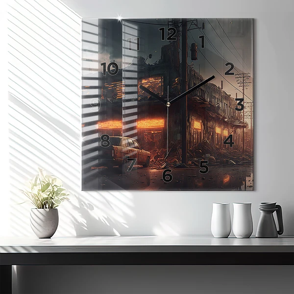 Wanduhr modern quadratisch Apokalyptisches Gebäude