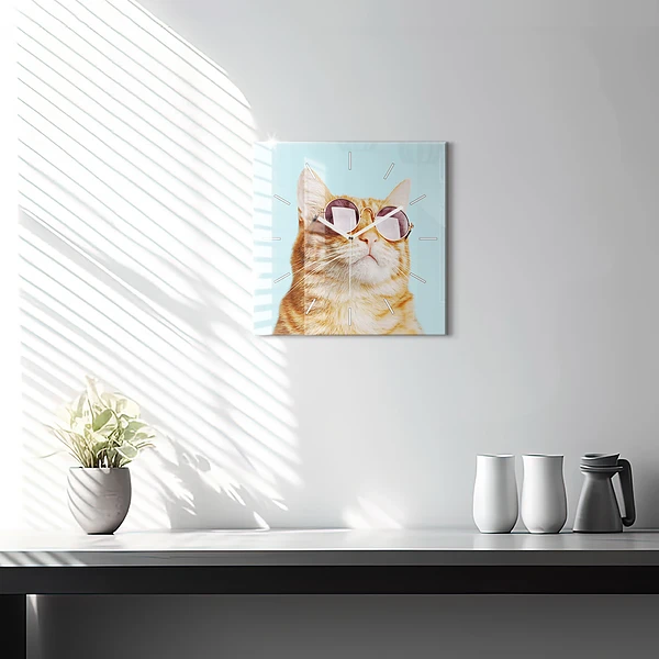Wanduhr quadratisch Lustige Katze mit Brille